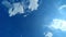 View of the blue sky from the bottom of the pool. Waves and bubbles in the pool and the sun`s rays passing through the