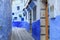 View of the blue walls of Medina quarter in Chefchaouen, Morocco. The city, also known as Chaouen is noted for its buildings in