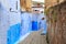 View of the blue walls of Medina quarter in Chefchaouen, Morocco. The city, also known as Chaouen is noted for its buildings in