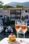 View on blue water of Gulf of Saint-Tropez, sail boats, houses of Saint Tropez, summer vacation in Provence, France