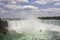 View of the boat with tourists in red raincoats sailing against Niagara Falls