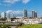 View of boats in the Biscayne Bay and cityscape of Miami, Florida, USA