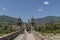 View of Bobbio, Italy, from the ancient stone bridge over the Trebbia river