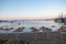 View of Bodrum Beach, Sun loungers and wicker parasols on sandy beach