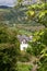 View of Bolfracks Garden on the Bolfracks Estate near Aberfeldy, in Highlands, Scotland UK. Rolling hills of the Tay Valley in the