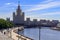 View of Bolshoy Ustyinskiy bridge on a background of skyscraper on Kotelnicheskaya embankment on a sunny summer morning