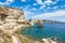 View of Bonifacio cliff coast rocks, Corsica island, France