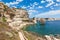 View of Bonifacio cliff coast rocks, Corsica island, France