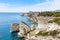 View of Bonifacio old town built on top of cliff rocks, Corsica