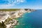 View of Bonifacio wild coast cliff rocks, Corsica island France