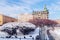 View of books house Former Singer house at Nevsky Prospect in frosty snow winter day,