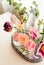 View of bouquets of tulips in glass jars