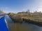 View from bow of narrowboat on a British canal in rural setting