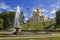 View of the Bowl fountain French and the Palace Church of Peter and Paul in the lower Park of Peterhof, St. Petersburg,