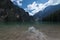 View of the Braies Lake Pragser Wildsee, also called Lago di Braies or Lake Prags in Dolomites mountains, Alto Adige, Italy