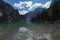 View of the Braies Lake  Pragser Wildsee, also called Lago di Braies or Lake Prags  in Dolomites mountains, Trentino, Italy