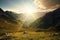 view of breathtaking mountain range, with the sun shining down on the peaks