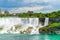 View on the Bridal Veil Falls and American Falls of the Niagara Falls, the part of Goat Island, the Cave of the Winds