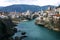 View from the bridge in the center of the city of Mostar