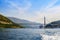 View of the bridge of Franjo Tudjman and a cruise ship at the pier. Dubrovnik, Croatia