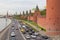 View from the bridge to the Kremlin wall, Kremlin waterfront with traffic, Moscow, Russia.