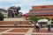 View of the British Library building, its concourse with the Isaac Newton sculpture by Eduardo Paolozzi and visitors.