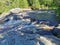 View of the bubbling waterfall with brown water on the Tokhmayoki River in Karelia from the ecological trail