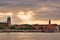 View of Buda Hill at sunset with a cloudy sky, Budapest, Hungary