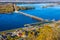 View from Buena Vista Park of the Mississippi river Lock and Dam #4 in Alma, WI during autumn.