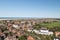 View on the buildings and the beach and greenfield and the northern sea on the island borkum