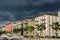 View on buildings on embankment of Geneva Lake at rainy day. Geneva city, Switzerland