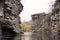 View of Buksky Canyon, Ukraine. River and rocks. River flows between high cliffs