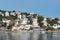 View of Burgazada island from the sea with summer houses and a small mosque, Sea of Marmara, near Istanbul, Turkey