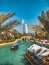 View of Burj Al Arab from Souk Madinat Jumeirah in Dubai, traditional arabian bazaar market, UAE