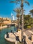 View of Burj Al Arab from Souk Madinat Jumeirah in Dubai, traditional arabian bazaar market, UAE