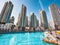 View of Burj Park surrounded by skyscrapers in Downtown Dubai, United Arab Emirates