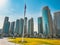 View of Burj Park surrounded by skyscrapers in Downtown Dubai, United Arab Emirates