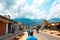 View of a business street in downtown Morogoro with Uluguru Mountains at the background