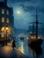 A view of bustling port with moonlit, fishing boat, cobblestone street, cafe, harbor lights, silhouettes