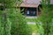 View of cabin patio with Adirondack chairs, peeking through pine trees, rest and relaxation