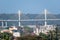 A view of the cable stayed Atal Setu bridge above a cityscape of Panaji