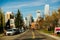 view of Calgary downtown on Centre Street showing tall corporate office skyscrapers. canada - sep 2019