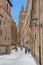 View of a Calle de la CompaÃ±Ã­a street on Salamanca downtown, with people walking and baroque iconic dome copula at the La