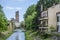 View of canal and  Galileo Astronomical Observatory La Specola Tower in Padova, Italy