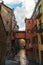 View on the canal on Via Piella, in Bologna, Italy. The old city`s canal which still runs under the town. Travel and tourism plac