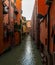 View on the canal on Via Piella, in Bologna, Italy. The old city`s canal which still runs under the town. Travel and tourism plac