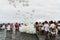 View of Candomble members on the beach during a religious demonstration known as Bembe do Mercado