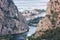 View of the canyon and estuary mouth of Cetina river, Omis, Dalmatia, Croatia