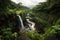 view of canyon with rushing waterfall, surrounded by lush greenery