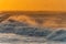 View from cape Dyrholaey on Reynisfjara Beach and Reynisdrangar basalt sea stacks, Iceland. Stormy sunrise